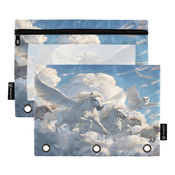 2 Pack Flip Folders with Clear PVC Window Binder Pouches 3-Ring Binder Organizer for Office & Home Flying Horses and Sheep