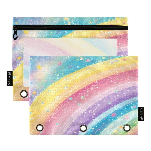 2 Pack Flip Folders with Clear PVC Window Binder Pouches 3-Ring Binder Organizer for Office & Home Glittery Rainbow