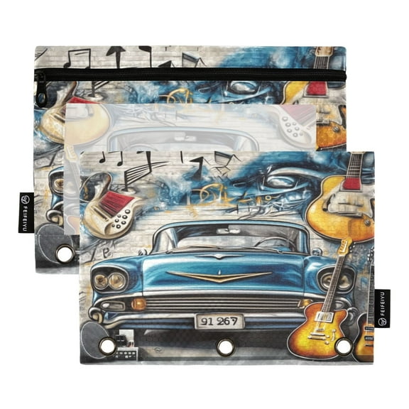2 Pack Flip Folders with Clear PVC Window Binder Pouches 3-Ring Binder Organizer for Office & Home Guitar and A Classic Car