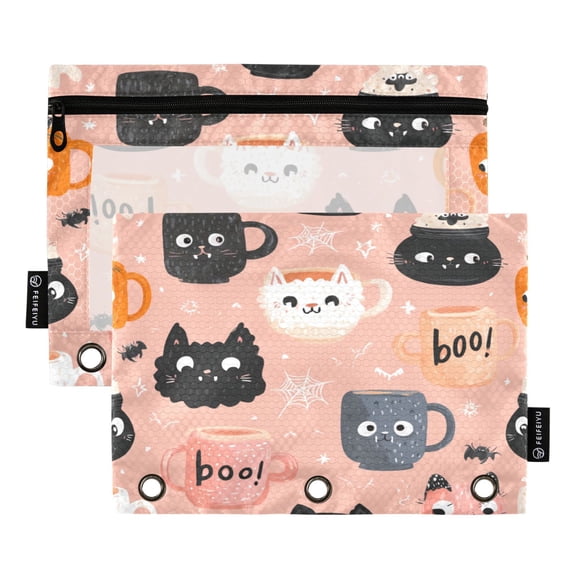 2 Pack Flip Folders with Clear PVC Window Binder Pouches 3-Ring Binder Organizer for Office & Home Halloween Coffee Mug Pattern