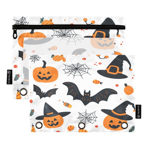 2 Pack Flip Folders with Clear PVC Window Binder Pouches 3-Ring Binder Organizer for Office & Home Halloween Cute Doodle Clip Art Set