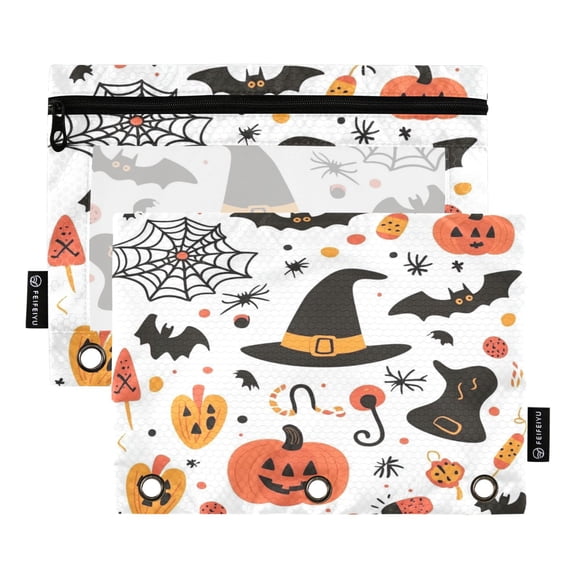 2 Pack Flip Folders with Clear PVC Window Binder Pouches 3-Ring Binder Organizer for Office & Home Halloween Doodle Clip Art