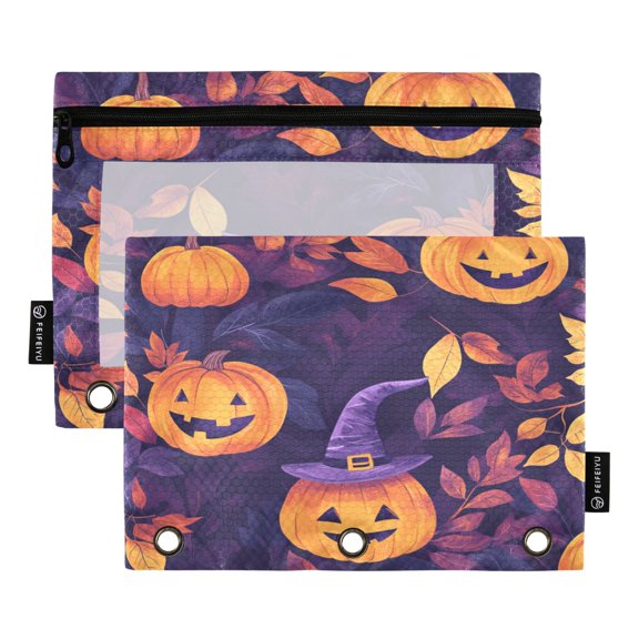 2 Pack Flip Folders with Clear PVC Window Binder Pouches 3-Ring Binder Organizer for Office & Home Hand-drawn Halloween Pumpkins
