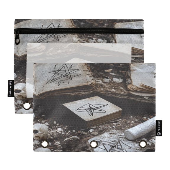 2 Pack Flip Folders with Clear PVC Window Binder Pouches 3-Ring Binder Organizer for Office & Home Hand-drawn Pentagram Symbols