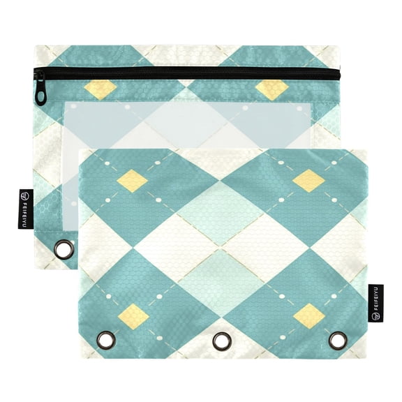 2 Pack Flip Folders with Clear PVC Window Binder Pouches 3-Ring Binder Organizer for Office & Home Light Teal Argyle