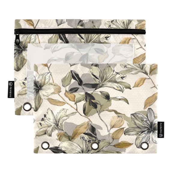 2 Pack Flip Folders with Clear PVC Window Binder Pouches 3-Ring Binder Organizer for Office & Home Lily Motifs Pattern