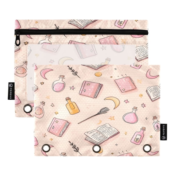 2 Pack Flip Folders with Clear PVC Window Binder Pouches 3-Ring Binder Organizer for Office & Home Pastel Pink Witchy Items