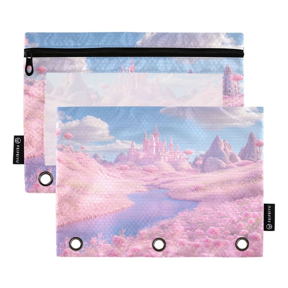 2 Pack Flip Folders with Clear PVC Window Binder Pouches 3-Ring Binder Organizer for Office & Home Pink Fairy Tale World