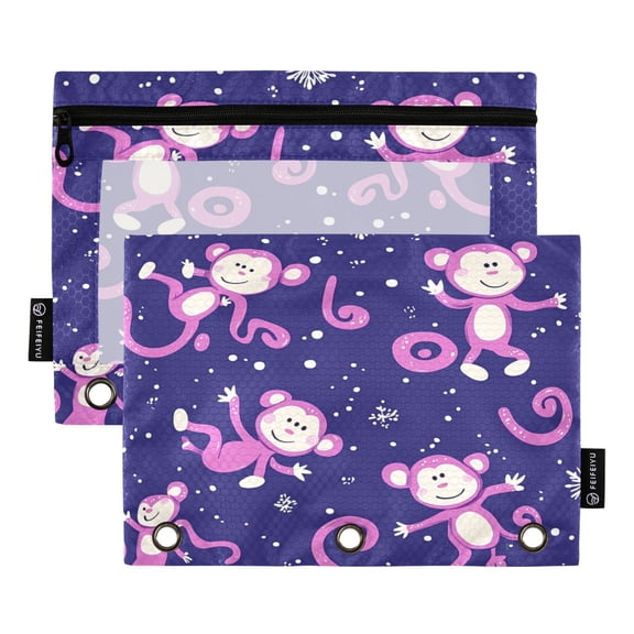 2 Pack Flip Folders with Clear PVC Window Binder Pouches 3-Ring Binder Organizer for Office & Home Pink Monkey Pattern