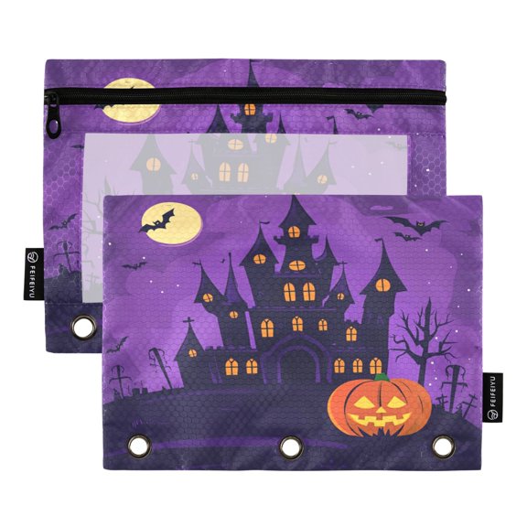 2 Pack Flip Folders with Clear PVC Window Binder Pouches 3-Ring Binder Organizer for Office & Home Pumpkin and Haunted Castle