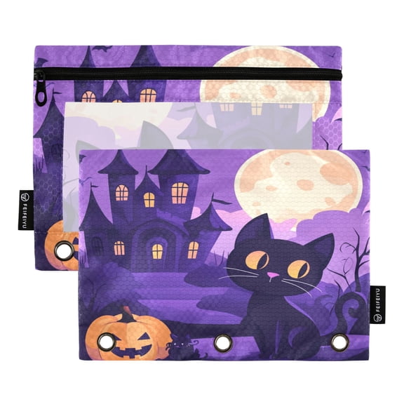 2 Pack Flip Folders with Clear PVC Window Binder Pouches 3-Ring Binder Organizer for Office & Home Pumpkin and Haunted House