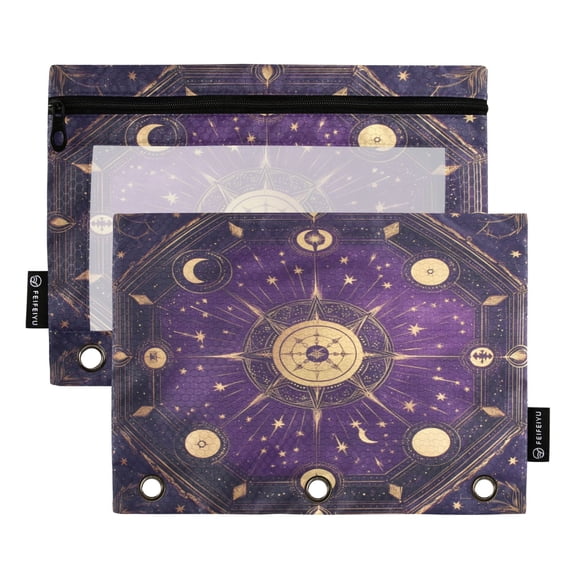 2 Pack Flip Folders with Clear PVC Window Binder Pouches 3-Ring Binder Organizer for Office & Home Purple Celestial Octagon Pattern