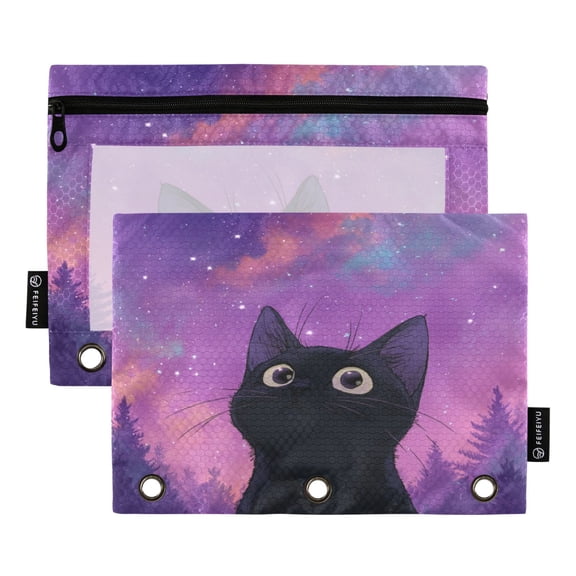 2 Pack Flip Folders with Clear PVC Window Binder Pouches 3-Ring Binder Organizer for Office & Home Purple Sky and Black Cat