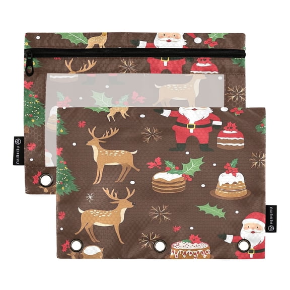 2 Pack Flip Folders with Clear PVC Window Binder Pouches 3-Ring Binder Organizer for Office & Home Reindeer and Santa Claus