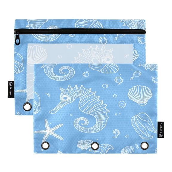 2 Pack Flip Folders with Clear PVC Window Binder Pouches 3-Ring Binder Organizer for Office & Home Seahorses Starfish and Shells