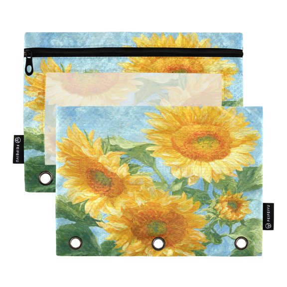 2 Pack Flip Folders with Clear PVC Window Binder Pouches 3-Ring Binder Organizer for Office & Home Sunflower Oil Painting