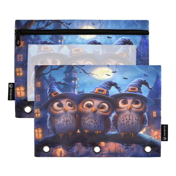 2 Pack Flip Folders with Clear PVC Window Binder Pouches 3-Ring Binder Organizer for Office & Home Three Owls Wearing Witch Hats