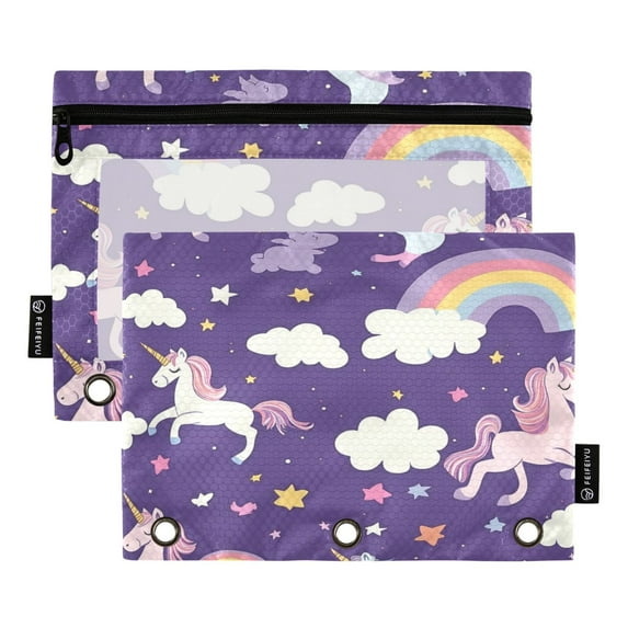 2 Pack Flip Folders with Clear PVC Window Binder Pouches 3-Ring Binder Organizer for Office & Home Unicorns and Rainbows Cloud