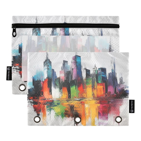 2 Pack Flip Folders with Clear PVC Window Binder Pouches 3-Ring Binder Organizer for Office & Home Vibrant Colors Cityscape Painting