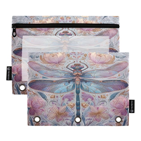 2 Pack Flip Folders with Clear PVC Window Binder Pouches 3-Ring Binder Organizer for Office & Home Watercolor Ornate Dragonfly