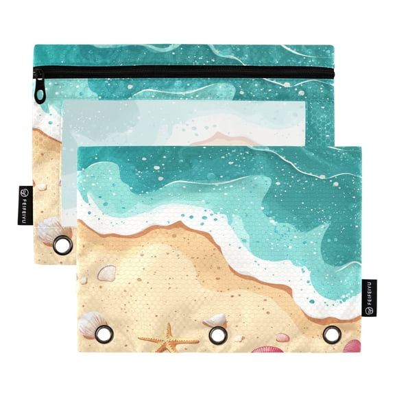 2 Pack Flip Folders with Clear PVC Window Binder Pouches 3-Ring Binder Organizer for Office & Home Waves and Seashells