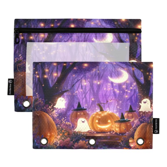 2 Pack Flip Folders with Clear PVC Window Binder Pouches 3-Ring Binder Organizer for Office & Home Whimsical Cartoon Halloween Scene