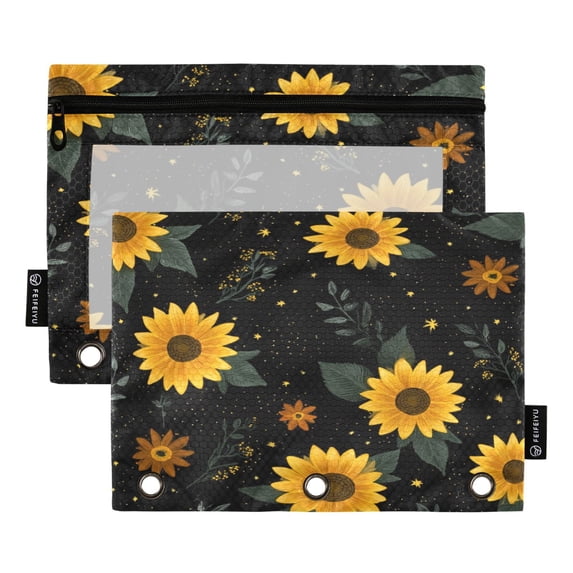 2 Pack Flip Folders with Clear PVC Window Binder Pouches 3-Ring Binder Organizer for Office & Home Yellow Sunflower Pattern