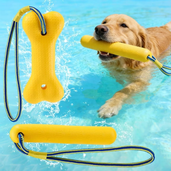 2 Pack Floating EVA Dog Water Toys, Bone & Stick Fetch Bumper with Throw Rope, Lightweight Buoyant Swimming Training Chew Toys for Medium Large Dogs Pool Lake Beach