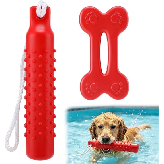 2 Pack Floating TPR Dog Water Toys, Textured Chew Stick & Hollow Bone Fetch Bumper with Throw Rope, Buoyant Swimming Training Toy for Medium Large Dogs Pool Lake Beach