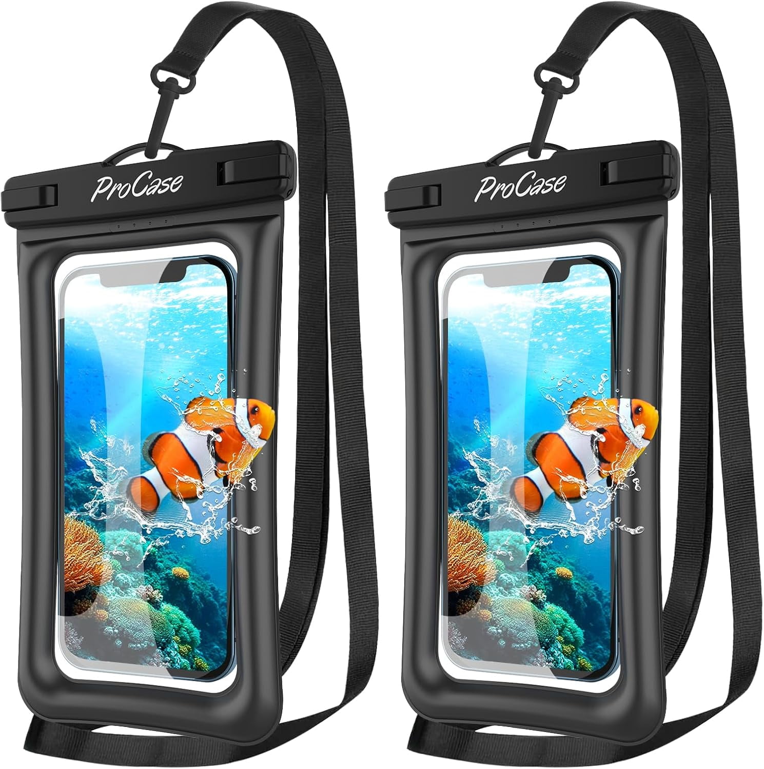 2 Pack Floating Waterproof Phone Pouch IPX8, Universal Dry Bag Fits iPhone 17/16/15/14/13 Series, Galaxy S24/S23/S22, Pixel 8/7 (Up to 7”), Touchscreen, Underwater & Snow Protection -Black
