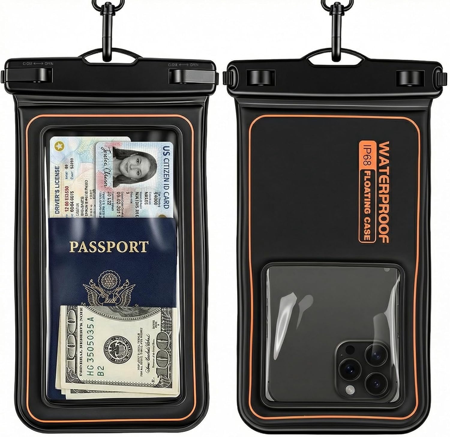2-Pack Floating Waterproof Phone Pouch with Neck Strap, IPX8 Dry Bag for 7 IN Cellphone, Case, Essential Swim Snorkel Beach Kayak Travel, Touchscreen Friendly (Black Orange)