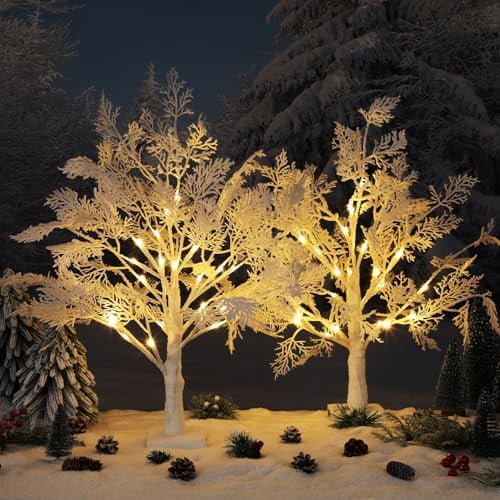 2 Pack Flocked Lights  Tabletop Decoration 24 Inch Artificial Small White Christmas Snow Birch Tree Frost Battery Powered/USB Table Centerpiece for Indoor Mantel Holiday Decor