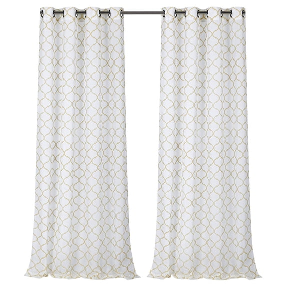 2 Pack Flocked Trellis Clover Semi Sheer Curtain Panels - Gold