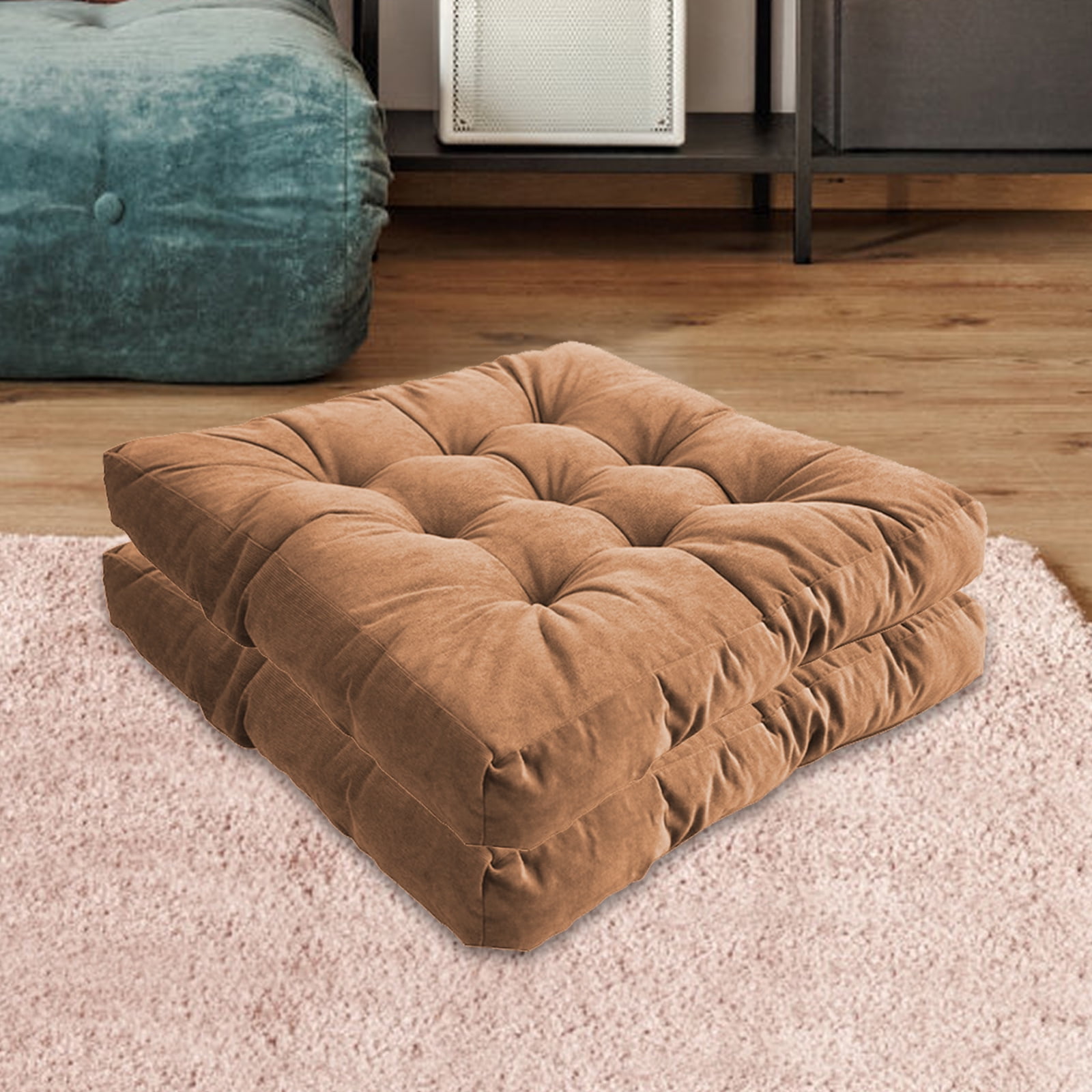 Meditation Floor Pillow,Square Large Pillows Seating for Adults,Tufted Corduroy Thick Floor Cushion for Living Room Tatami Chair Khaki, Size: 22