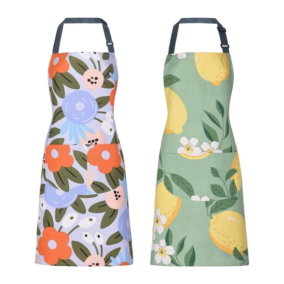 2 Pack Floral Apron For Women With Pockets, Adjustable Cotton Chef Aprons For Kitchen, Cooking, BBQ & Grill (Blue/Flowers)