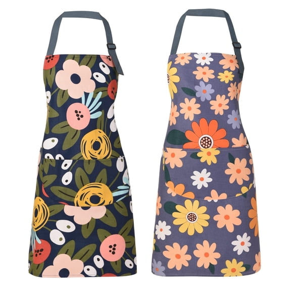 2 Pack Floral Apron For Women With Pockets, Adjustable Cotton Chef Aprons For Kitchen, Cooking, BBQ & Grill (Blue/Flowers)
