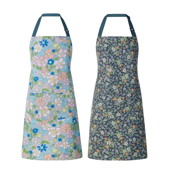 2 Pack Floral Apron For Women With Pockets, Adjustable Cotton Chef Aprons For Kitchen, Cooking, BBQ & Grill (Blue/Flowers)