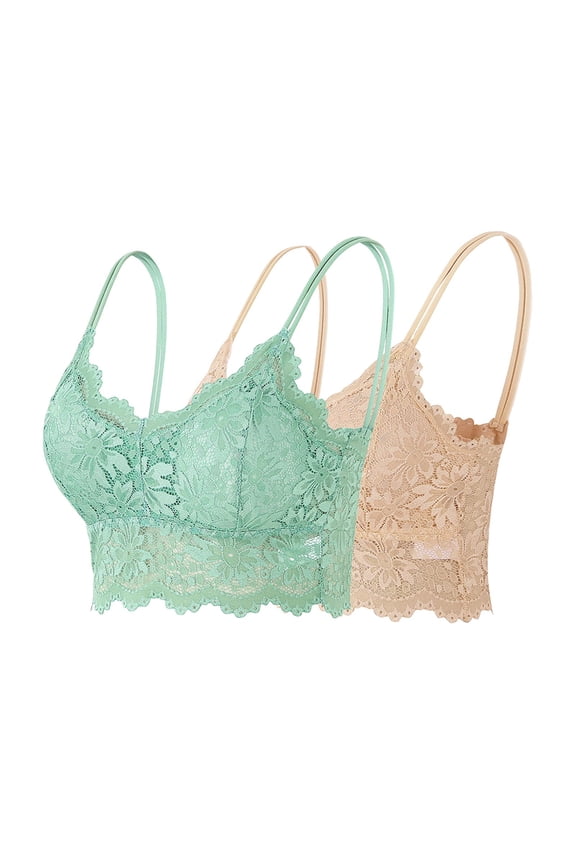 2 Pack Floral Lace Bralettes for Women Wireless Crop Top Backless Bralette Padded Bras with Straps