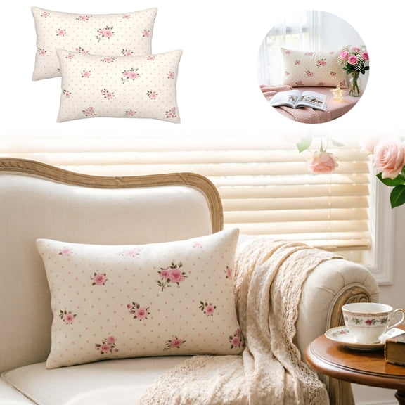 2-Pack Floral Polka Dot Lumbar Pillow Covers - 12x20 Inch Romantic Rose Pattern Rectangle Cushion Cases with Hidden Zipper, Soft Polyester Blend Decorative Throw Pillowcases for Sofa