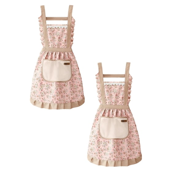 2-Pack Floral Princess Ruffle Apron for Women with Pocket & Hand-Wipe Towel | Adjustable Canvas Kitchen Bib Set for Cooking, Baking, Crafting & Gardening