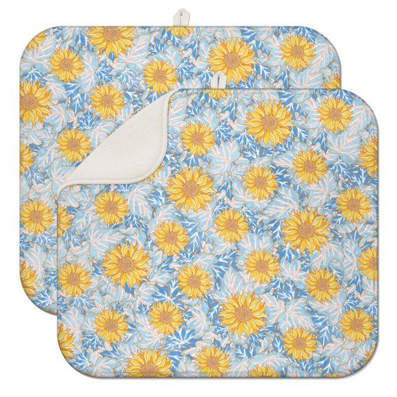 2 Pack Floral Sunflower Pattern Mats - Absorbent Compact Dish Drying Pad