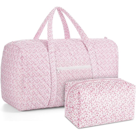 2 Pack Floral Travel Duffel Bag Large Quilted Travel Duffle Bag and Floral Makeup Pouch Portable Gym Lightweight Weekender Organizer with Zipper Pockets Grocery Pouch for Women()