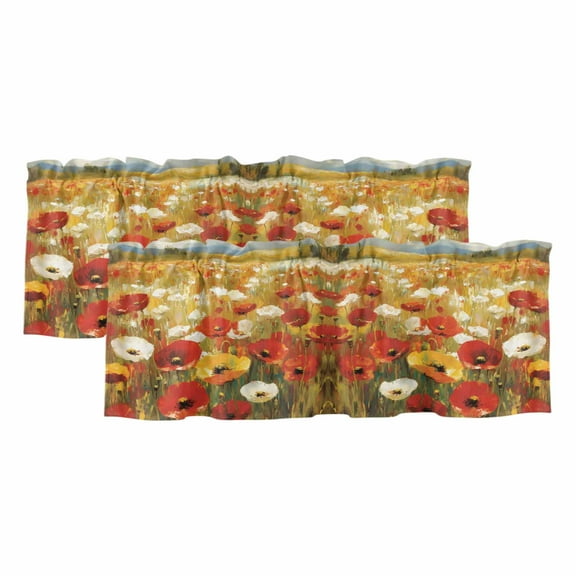 2 Pack Floral Valance for Window Red White Poppy Sea Of Flowers Sky Lawn Oil Painting Kitchen Valance Rod Pocket Short Curtain Topper Decorative Window Treatment for Living Room Bedroom 42"x12"