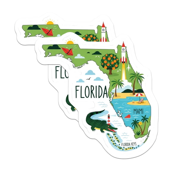 (2 Pack) Florida Map Magnets - State Icons Souvenir - Fridge Travel Magnet Set - 5" On Longest Side - Premium Magnet - for Cars, Refrigerators, Toolboxes, Lockers - Made in USA - MAG16314