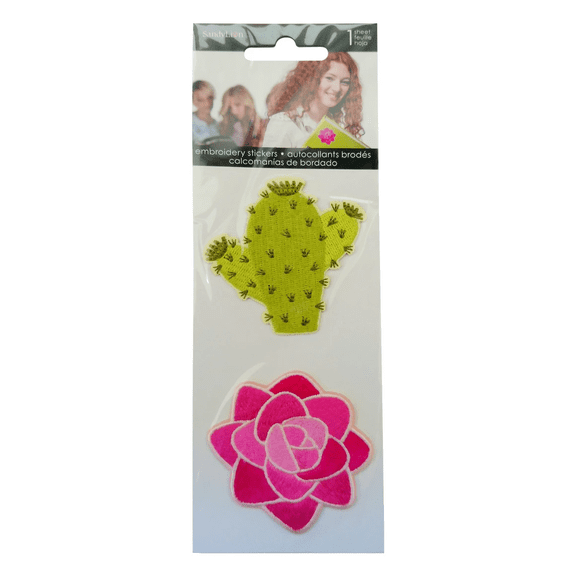 2 Pack Flower and Cactus Embroidered Stickers, Soft Floral, Succulent Designs, Perfect for Notebooks, Laptops, Backpacks, Skateboards, Decorative Fabric Patches, Green, Pink