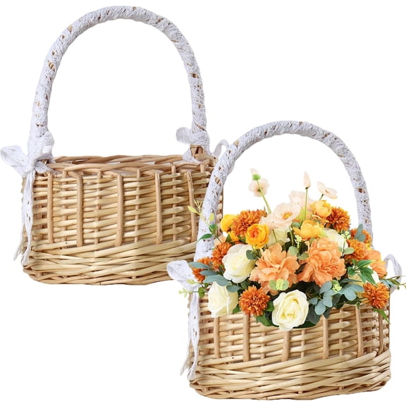2 Pack Flower Girl Basket, Small Wicker Basket with Handle Waterproof Liner, Rustic Handwoven Rattan Basket for Wedding Flowers, Sweets, Easter Gifts