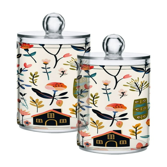 2 Pack Flower House Leaves Qtip Holder Dispenser Clear Plastic Storage Apothecary Jars for Cotton Swabs Balls Pads Floss
