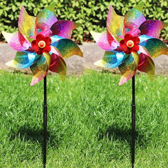 2 Pack Flower Pinwheels Wind Spinners for Yard and Garden, Sequined Reflective Windmill Ornament Spinner for Patio Lawn Party Outdoor (B)