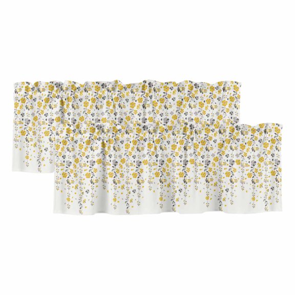 2 Pack Flower Yellow Valance for Window Grey Cherry Blossoms White Background Kitchen Valance Rod Pocket Short Curtain Topper Decorative Window Treatment for Living Room Bedroom 60"x18"