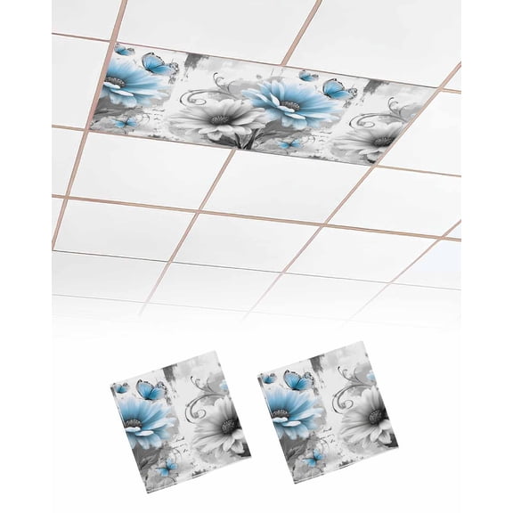2 Pack Fluorescent Light Cover for Ceiling Lights, Blue Grey Spring Floral Magnetic Classroom Light Filters 4x2 Feet, Summer Botanical Flowers Butterfly Decorative Ceiling Shade Panel for Office